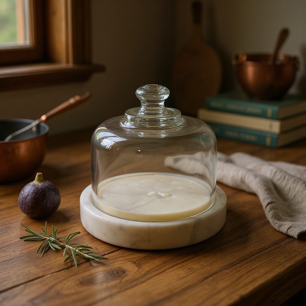 Marble Cheese Board Plate, Glass Cloche Dome, Footed Base, 6.5 Diameter